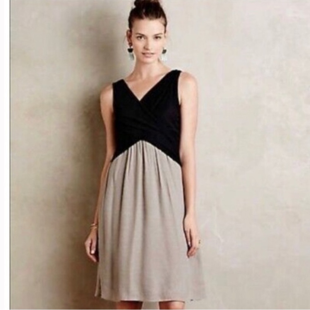 Amadi Sleeveless Two-Tone Midi Dress Black Top Tan Skirt Size S